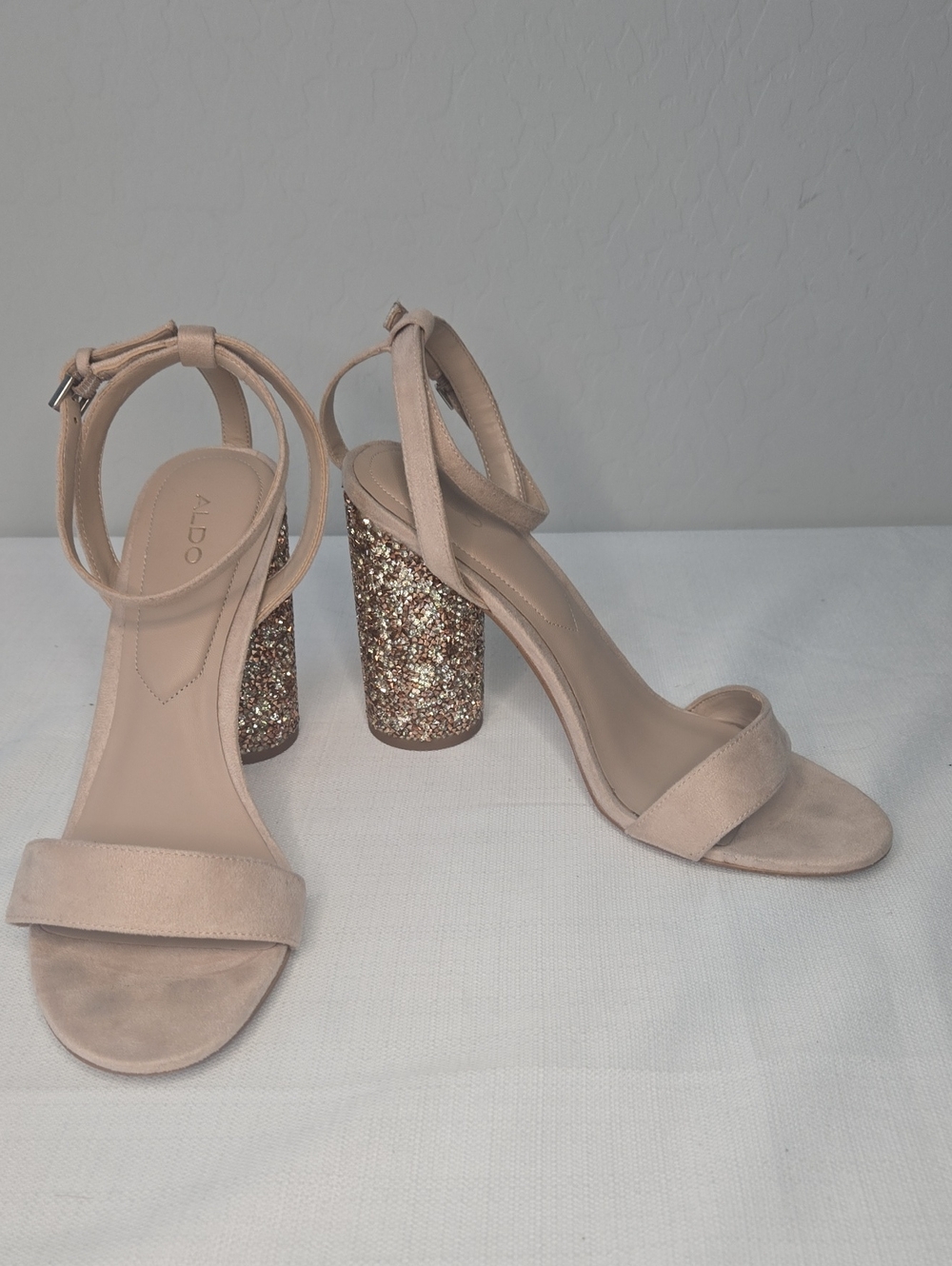ALDO Nude Suede Ankle-Strap Heels with Gold Glitter Block Heel